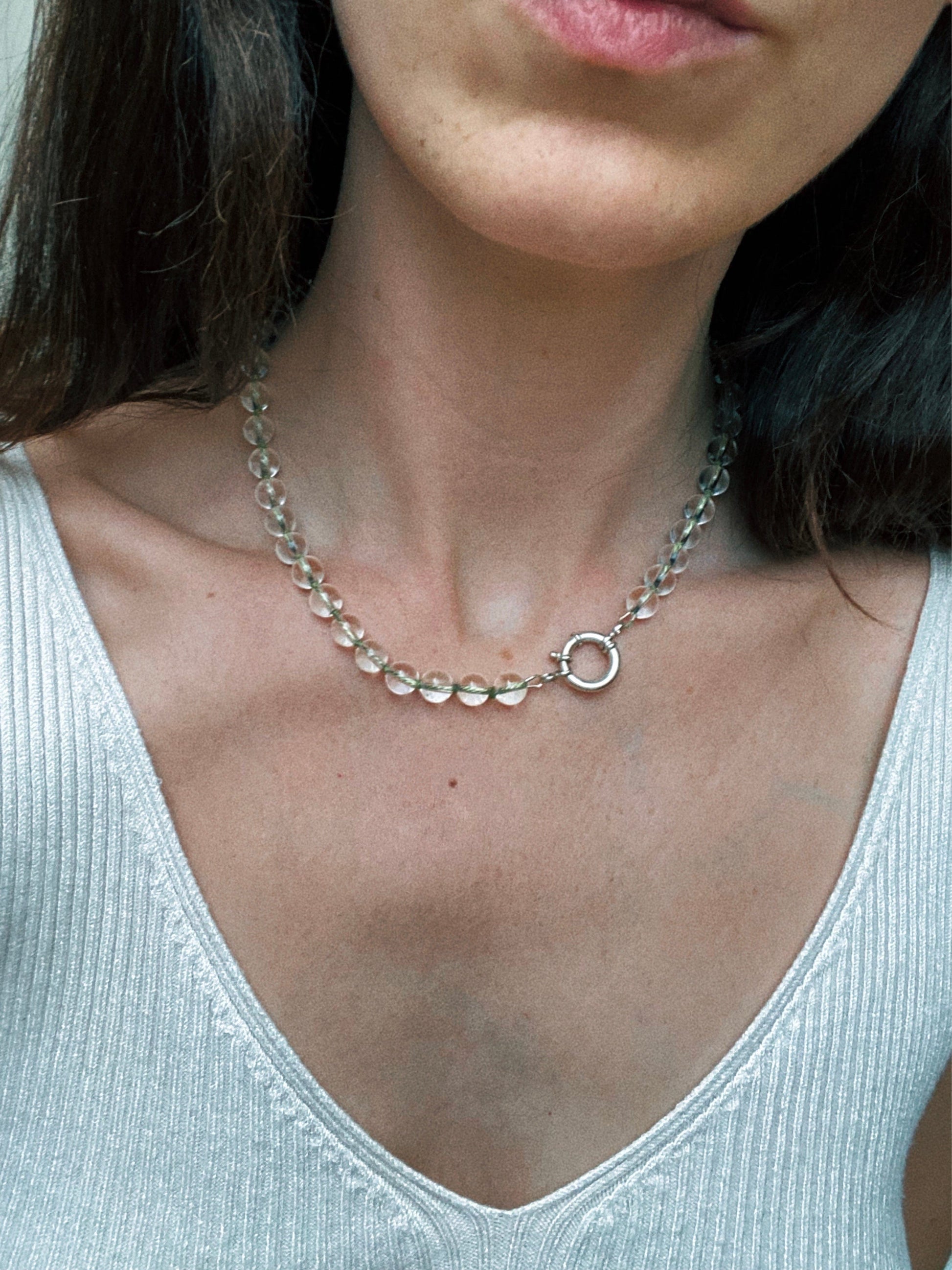 COUPER -ET- COUDRE Necklace Lunara - Clear Quartz + Green Silk Necklace